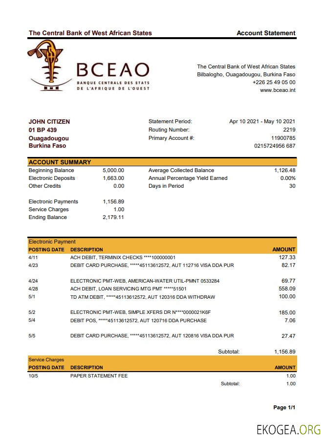 Burkina Faso Relevé bancaire de la Banque centrale des États de l'Afrique de l'Ouest, modèle facile à remplir au format Excel et PDF